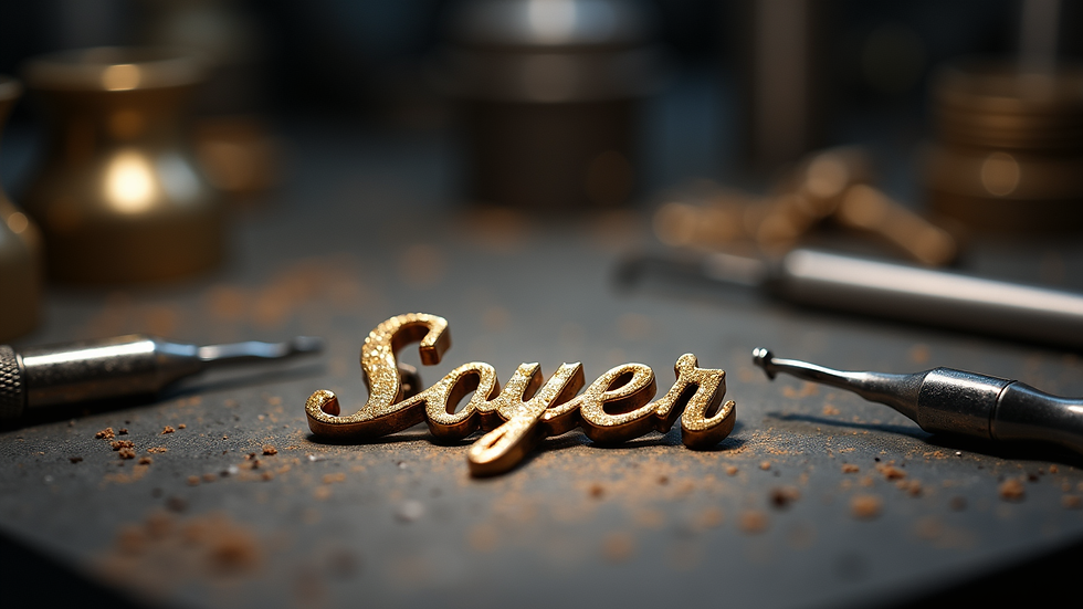 Eye-level view of a jeweler’s workbench with tools and a partially completed name pendant