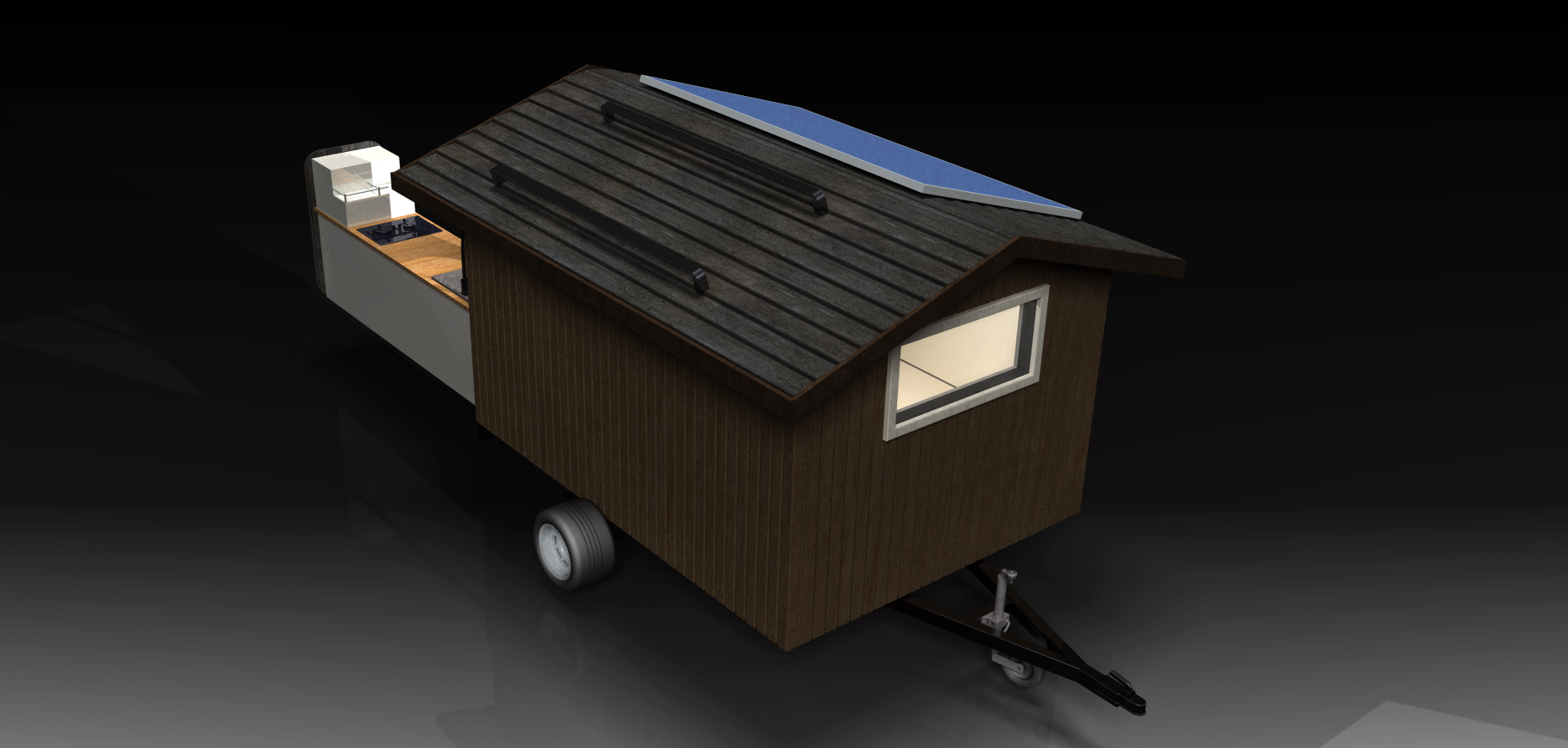 Isometrische Ansicht vorne oben, dunkler Hintergund, Wohnwagen aus Holz, Holzdach, Holzfassade