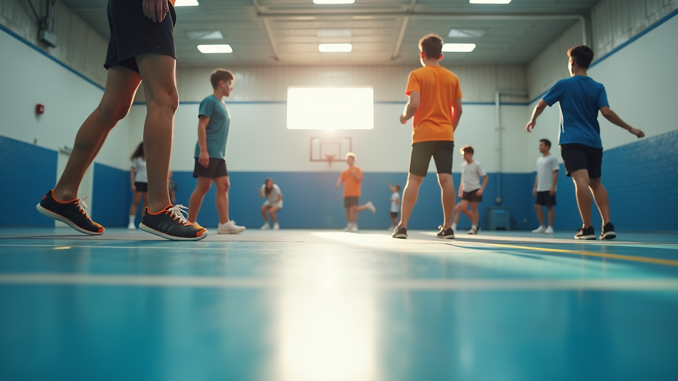 Eye-level view of a modern gymnasium with students engaging in physical activities