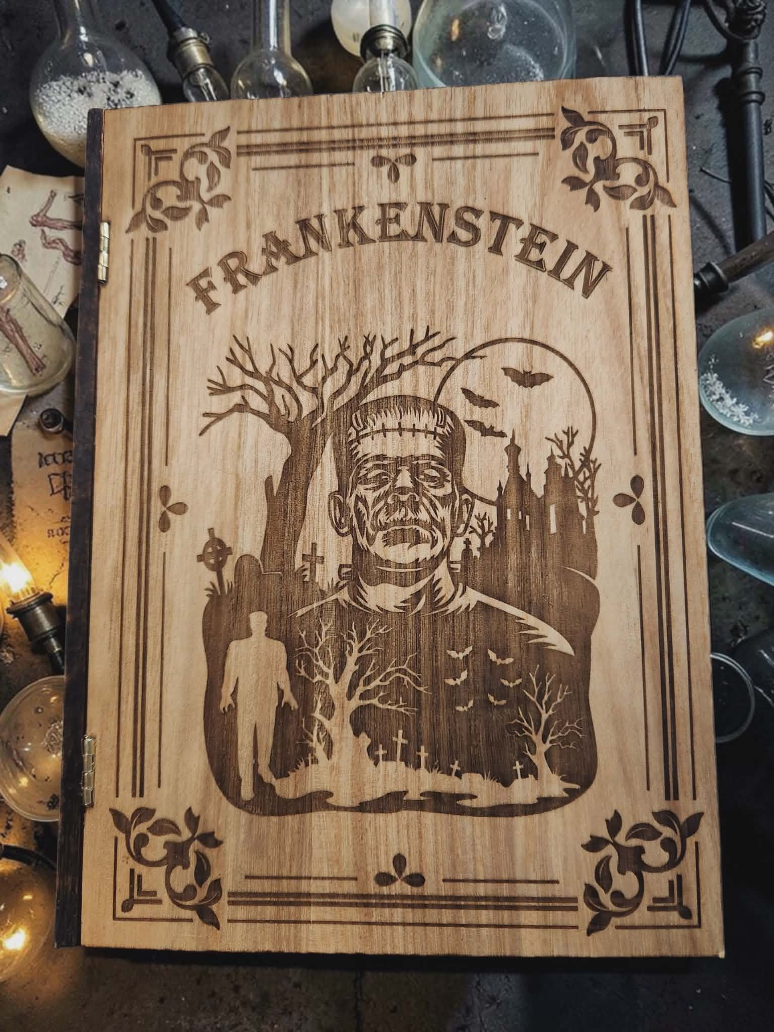 Frankenstein Wood Burned Book Box #AltarBox #Gothic #Wood