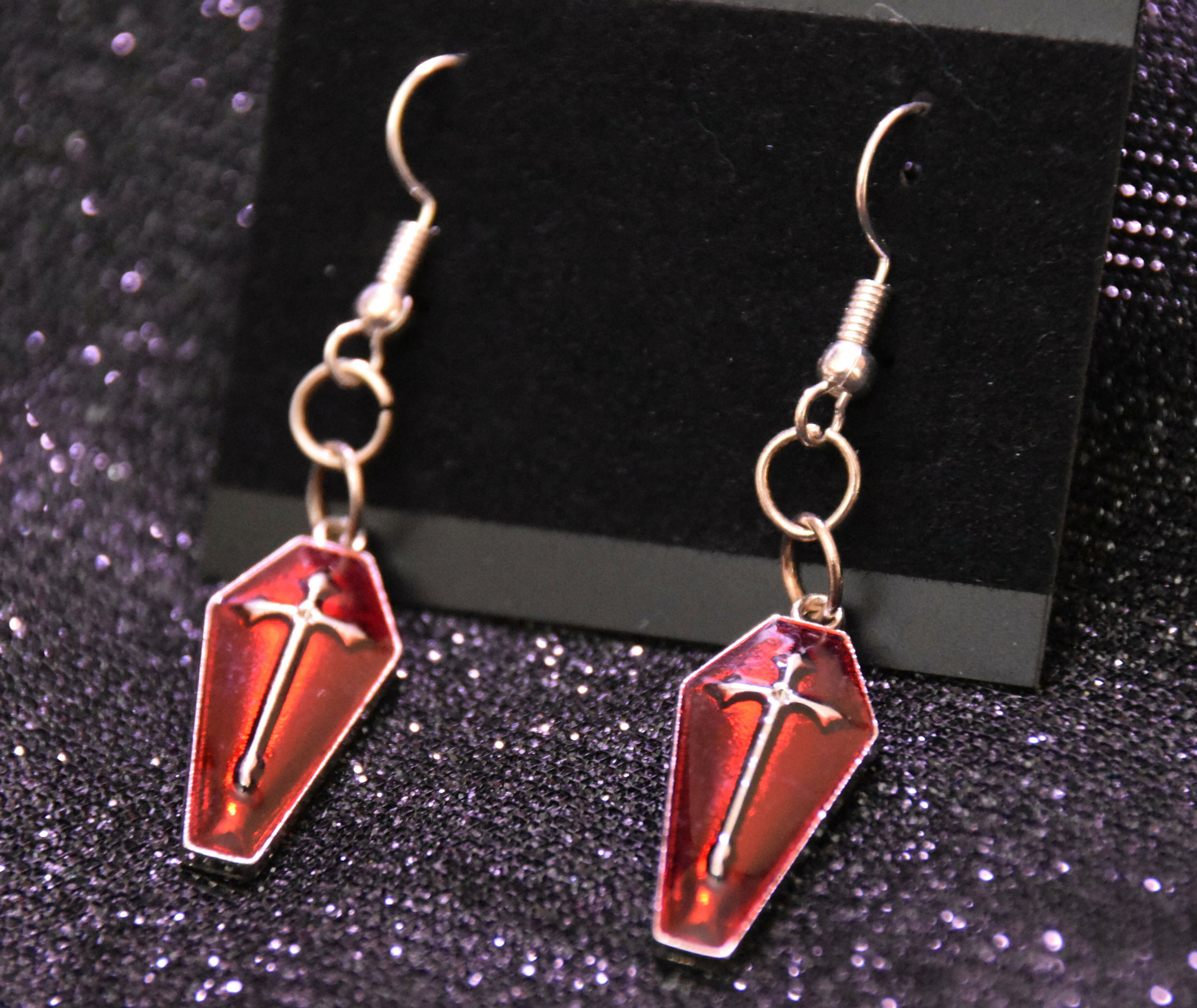 Red & Silver Coffin  Halloween Earrings