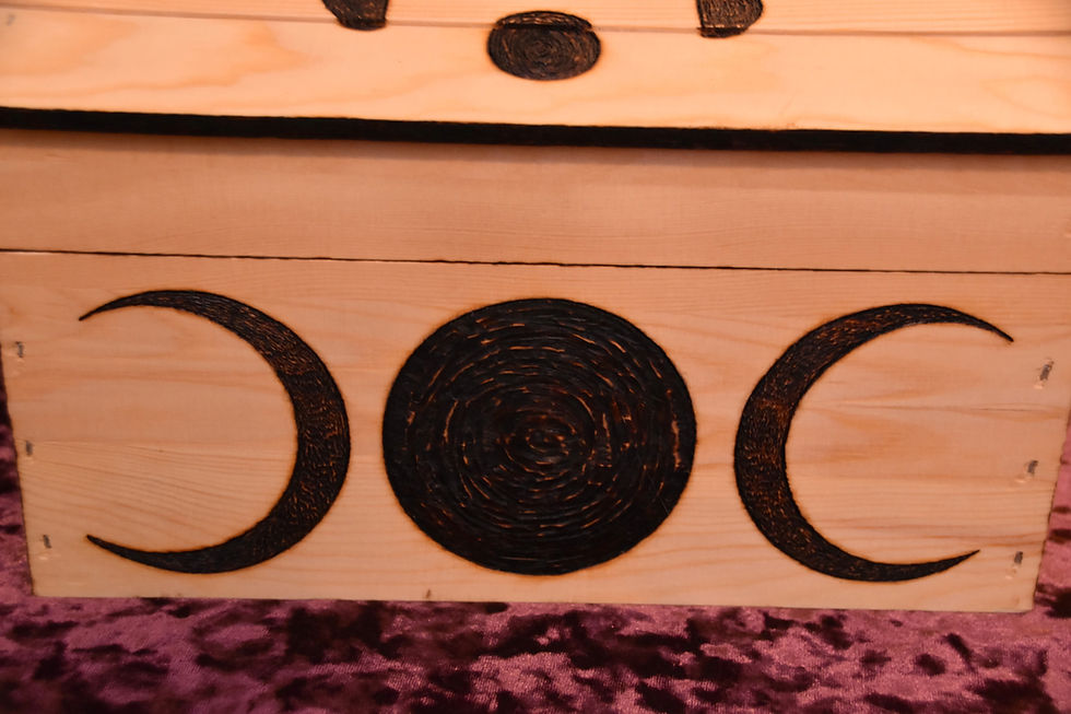 Thumbnail: Triple Moon Goddess Trunk Chest Wood Burned Box ~ Altar Box ~ Tarot Box