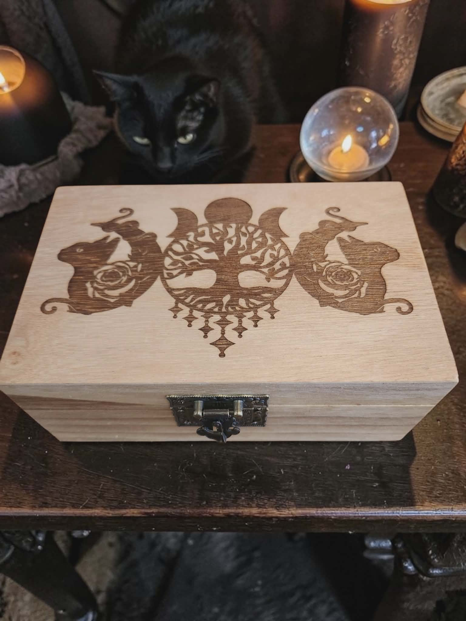 Triple Moon Cat Goddess Laser Burned Box ~ Altar Box ~ Taro
