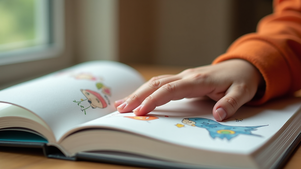 Close-up of a child’s hand turning a page in a brightly illustrated storybook