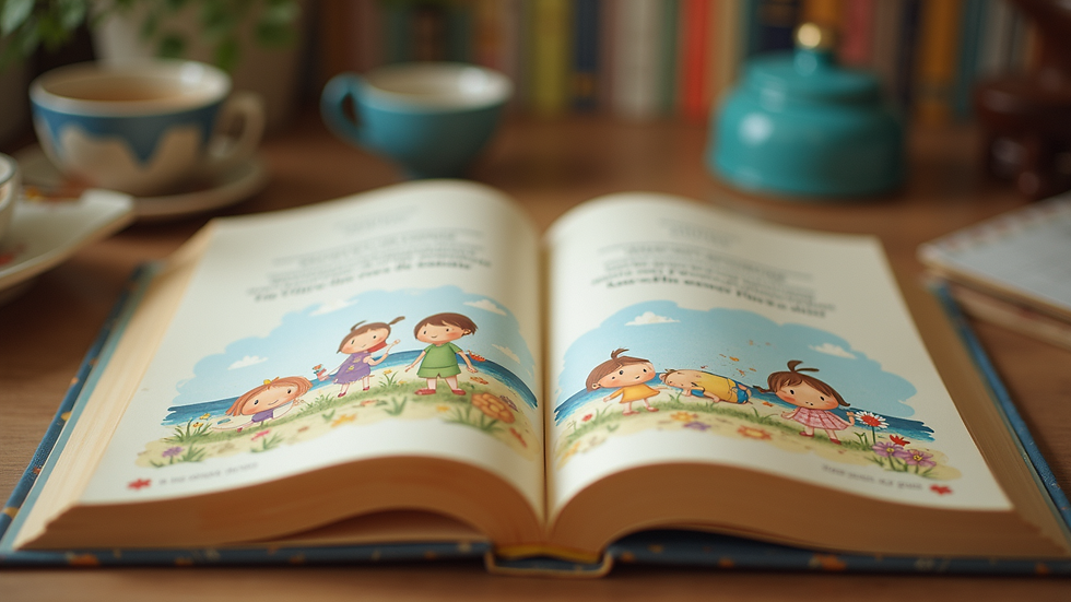 Eye-level view of a bilingual children's book with colorful illustrations