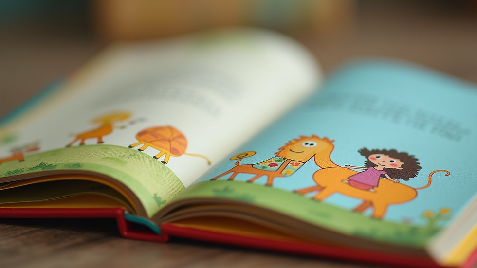 Close-up view of a colorful children's book open to a rhyming story page