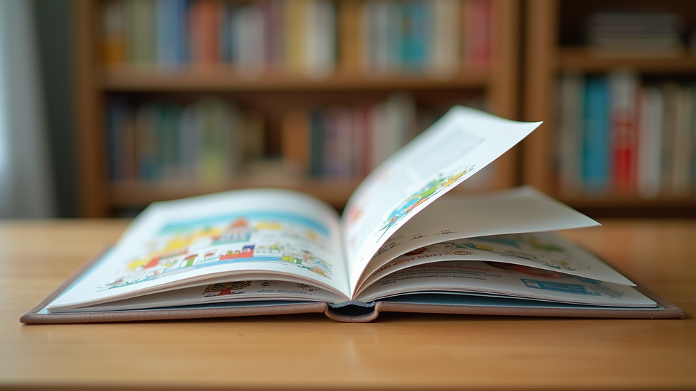 Eye-level view of a colorful children's book open on a wooden table