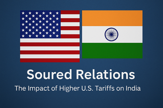 A digital illustration showing the United States and India flags with a visible gap and broken trade icons between them, symbolizing strained trade relations and rising tariffs.