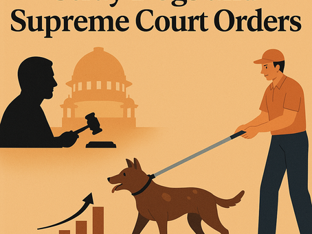 Illustration of Supreme Court order on stray dogs with judge, dog capture scene, and data chart.