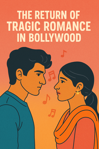 Illustration of a young romantic couple representing Krish and Vaani from the film 'Saiyaara', symbolizing the resurgence of emotional, music-driven love stories in modern Bollywood.