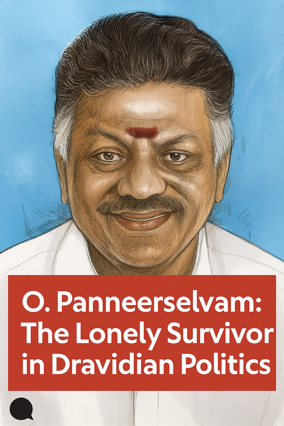 Digital illustration of O. Panneerselvam, former Chief Minister of Tamil Nadu, with a smiling expression and traditional tilak, set against a blue background.