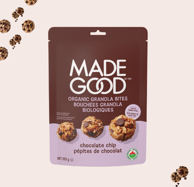 MadeGood Mini Original Granola Bites These are bite-sized, chewy snacks made from wholesome, organic ingredients. Each bag is packed with mini granola bites that contain hidden servings of vegetables, making them a guilt-free treat for any time of day.