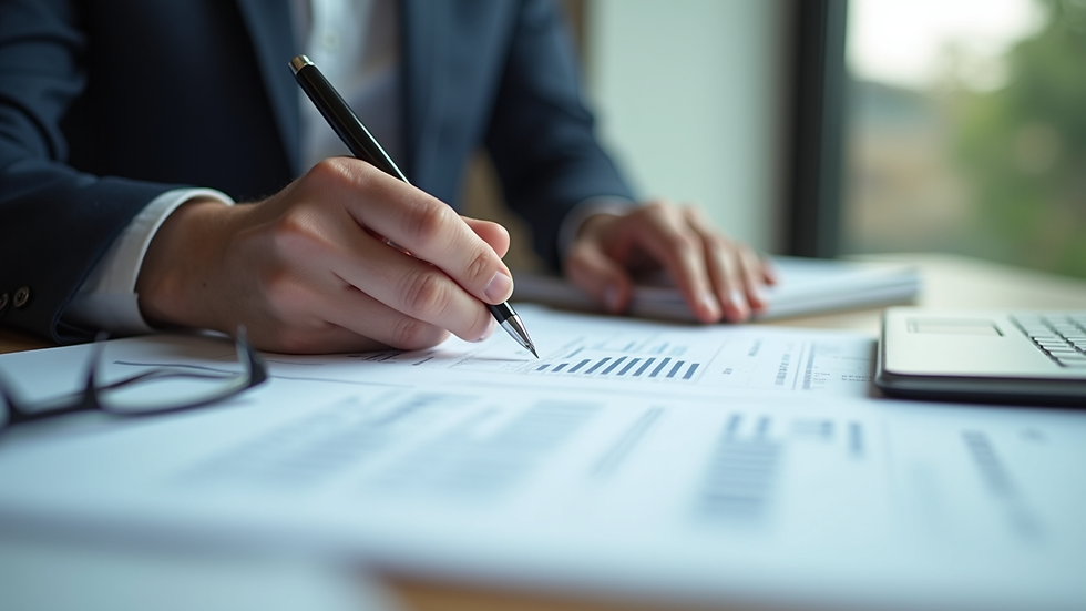 Close-up view of a person reviewing financial documents with a pen