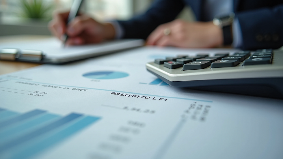 Eye-level view of a desk with financial documents and a calculator