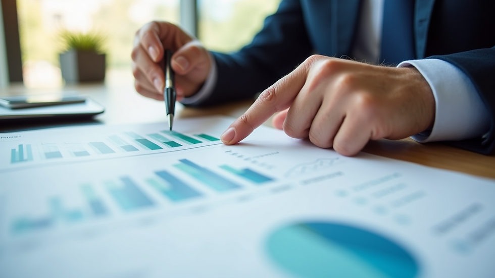 Close-up view of a financial planner’s hands pointing at a tax strategy chart