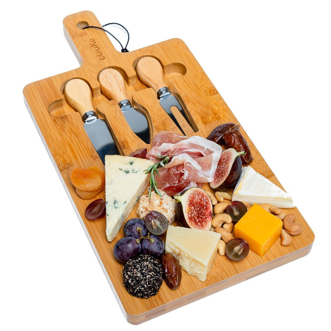 Bamboo Cheese Board and Knife Set - 12x8 inch Charcuterie Board with Magnetic Cu
