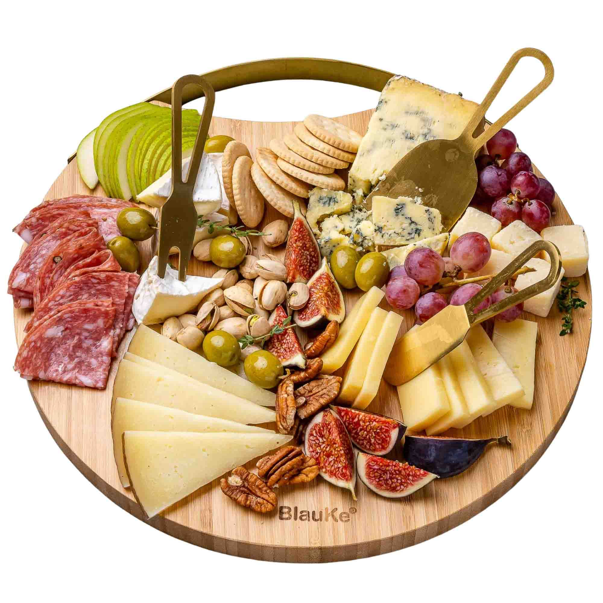Bamboo Cheese Board and Knife Set with Magnetic Cutlery Storage - 13 inch Round