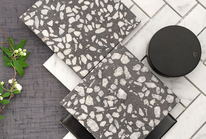 Terrazzo style Pangaea floor, offset on grey carpet background with grass