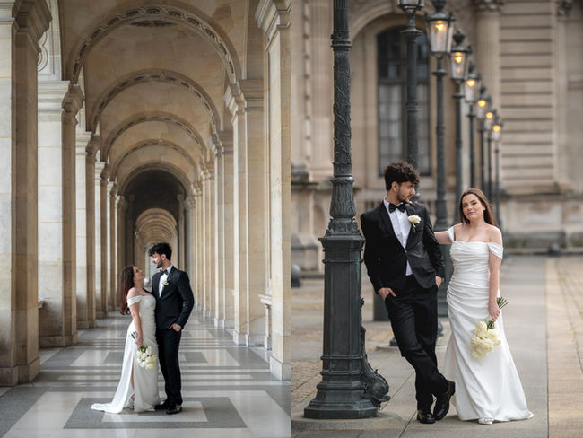 Bride and groom walking through the Louvre arcades at night, Paris
