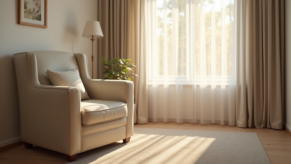 Close-up view of a calm therapy room with a comfortable chair and soft lighting