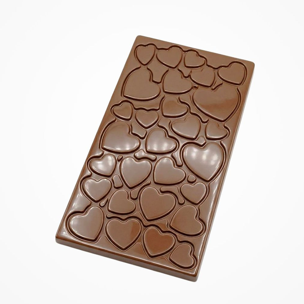 Mother's Day Chocolate Bar with hearts on it from a custom chocolate mould. Plain white background.