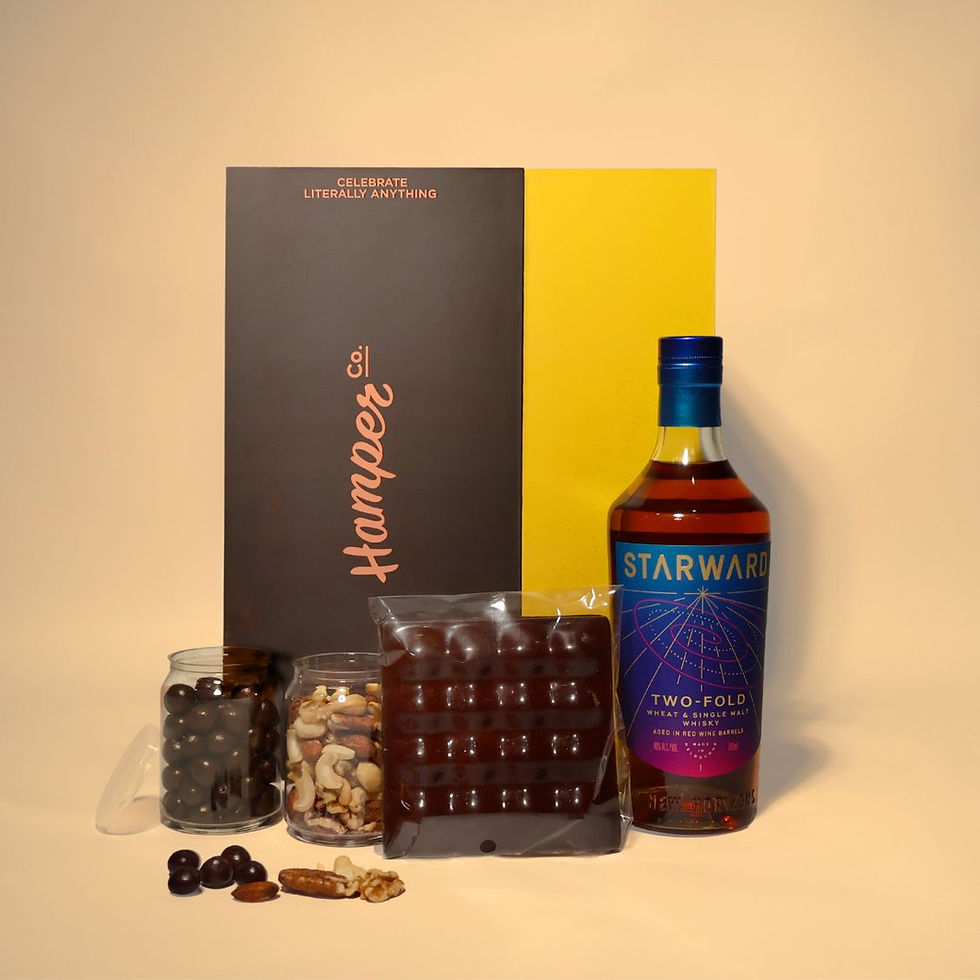 Hamper with STARWARD whiskey, paired with 85% dark chocolate treats and salted nuts