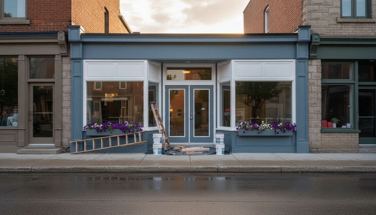 Wide-angle view of a freshly painted storefront on an Ottawa-style street