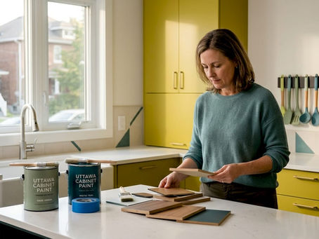 Homeowner reviewing kitchen cabinet samples in bright Ottawa kitchen