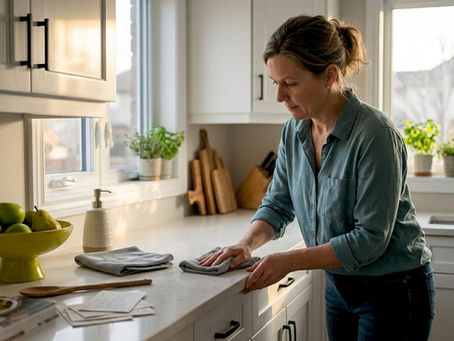Homeowner wiping freshly painted kitchen cabinets in Ottawa
