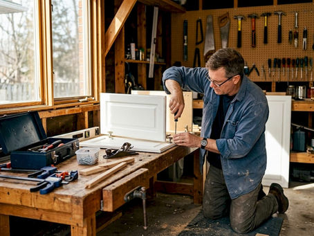 Man repairing kitchen cabinet door in daytime