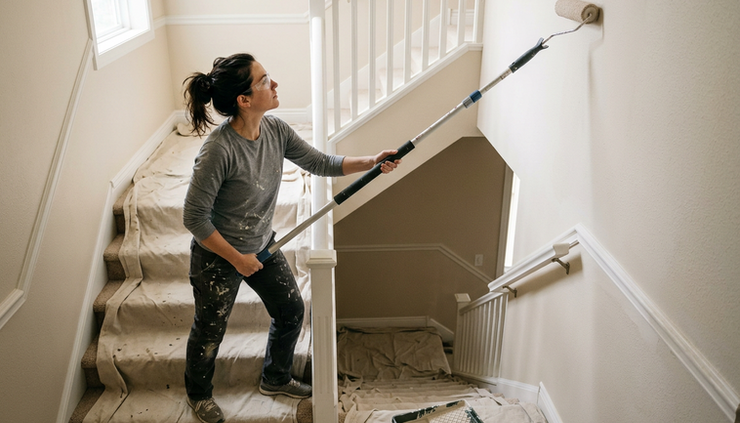 Eye-level view of a painter using an extension pole to roll paint evenly on a tall stairwell wall.