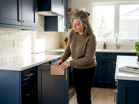 Woman inspecting navy cabinets in Ottawa kitchen