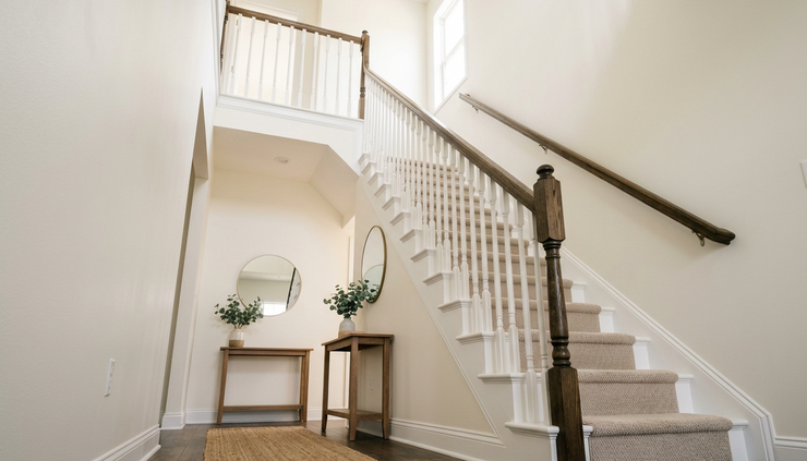 Low-angle view of a freshly painted stairwell with soft wall colour and bright natural light.