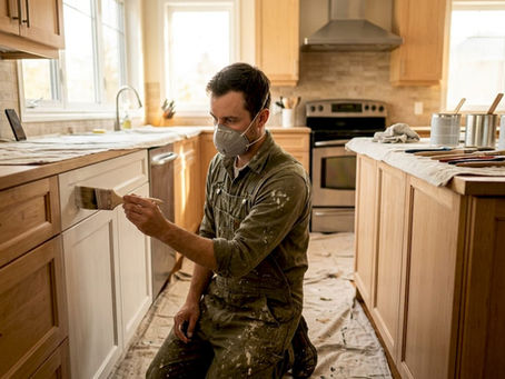 Painter applying finish to kitchen cabinets