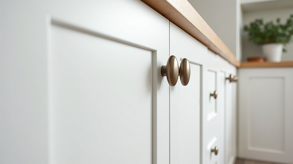 Eye-level view of freshly painted white kitchen cabinets with modern handles