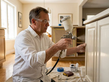 Painter spraying kitchen cabinets in Ottawa home