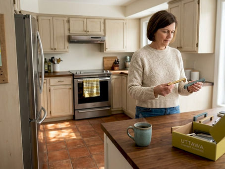 Woman choosing cabinet hardware in Ottawa kitchen
