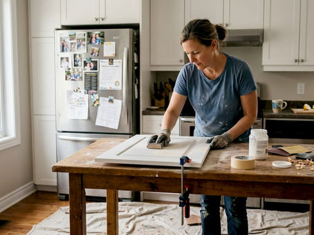 Ottawa homeowner sanding kitchen cabinet door