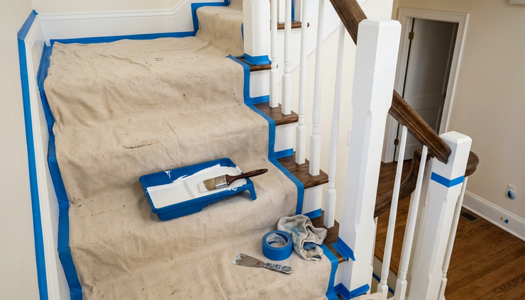 Close-up view of painter’s tape and canvas drop cloth protecting stair treads before painting.