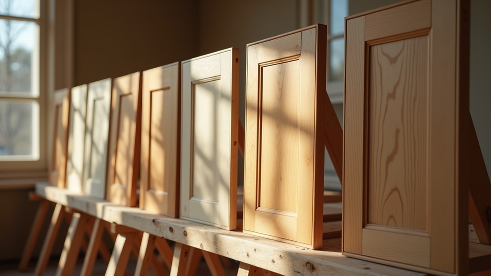 Eye-level view of kitchen cabinet doors drying on sawhorses