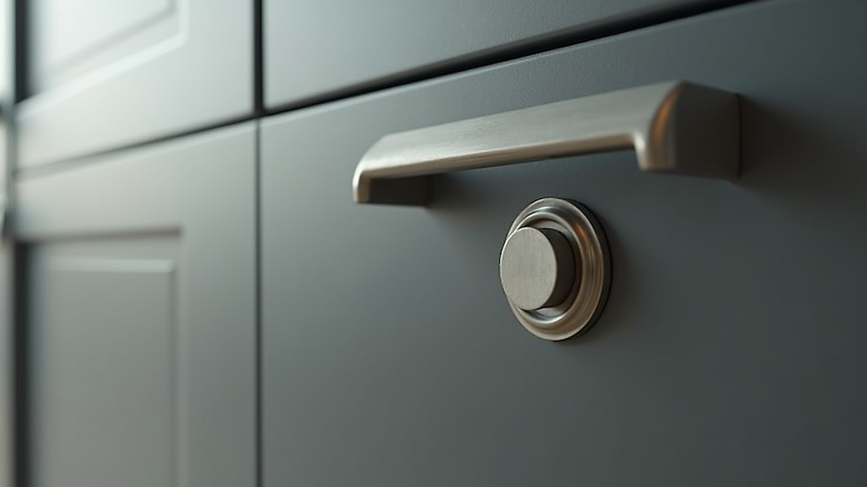 Close-up view of matte finish painted cabinet door with brushed metal handle