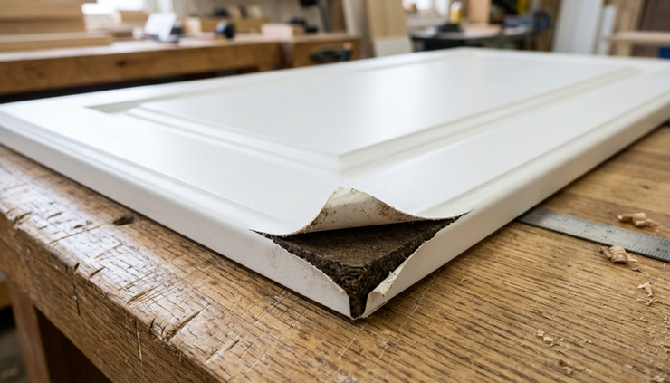 Close-up of a thermofoil cabinet door with a slightly lifted corner