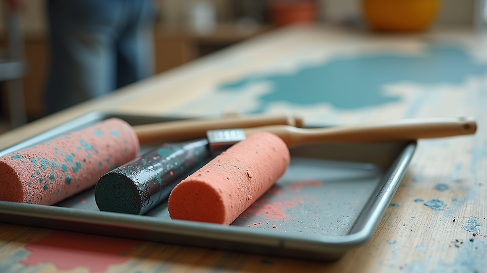 Close-up view of paint rollers and brushes arranged neatly on a painter’s tray