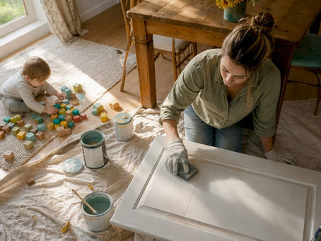 Woman sanding kitchen cabinet near child playing