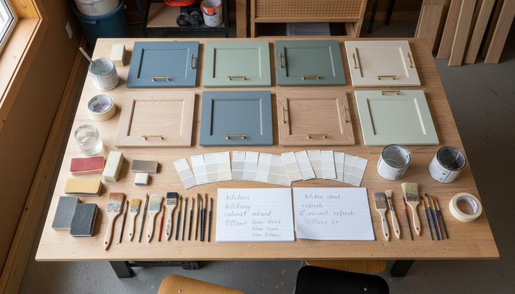 Overhead view of a workshop table with cabinet samples and paint swatches.