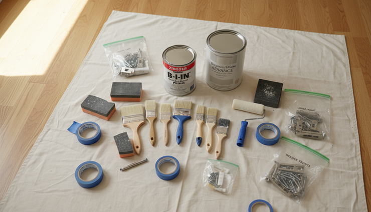 Overhead view of cabinet painting tools arranged on a protected kitchen floor
