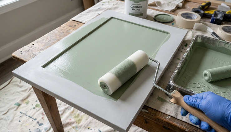 Close-up view of a foam roller applying soft green cabinet paint to a thermofoil door.
