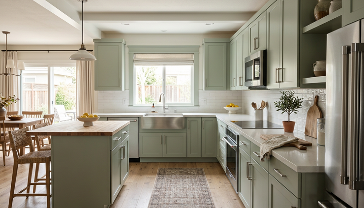 Wide-angle view of a refreshed kitchen with freshly painted thermofoil cabinets and simple hardware.