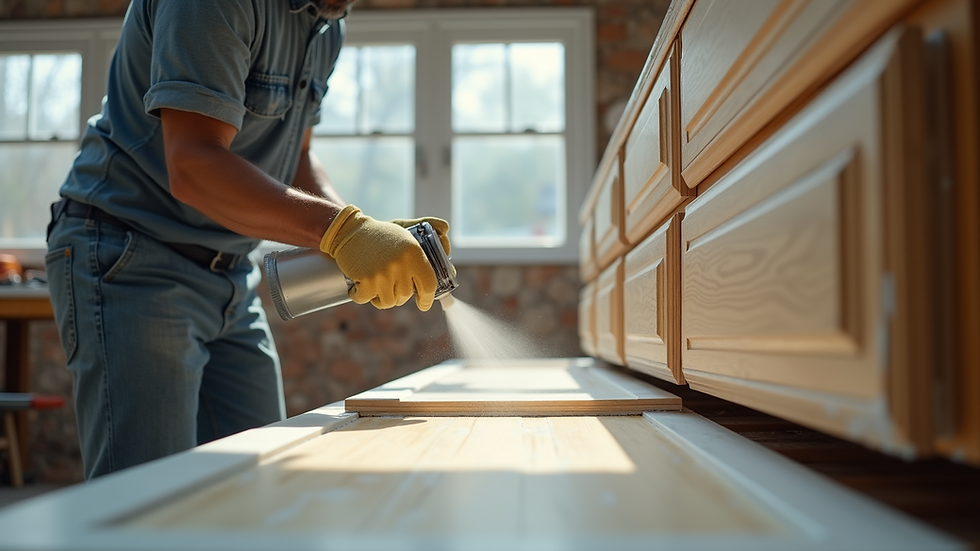 Eye-level view of painter spraying cabinet doors in a workshop