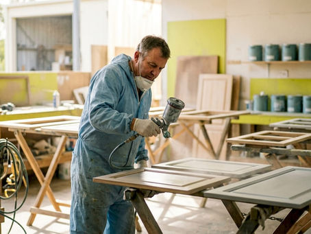 Cabinet painter spraying finish in workshop